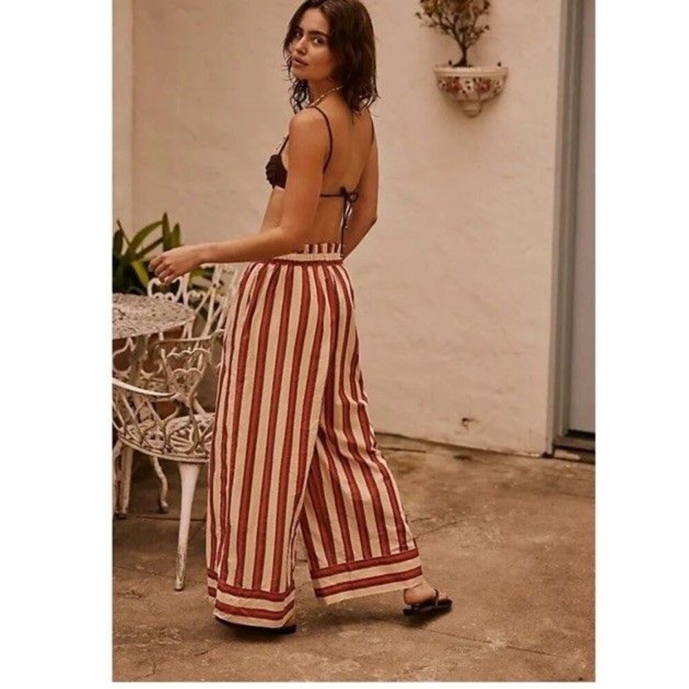 Free People Free est Solara Pants Striped Printed Mid-rise Wide-leg Pockets S - Picture 2 of 13